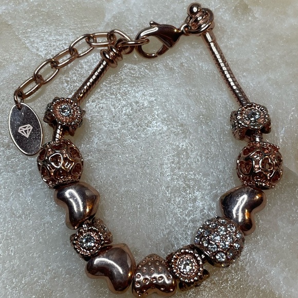 Fashion Jewelry Rose Gold Heart Charm Bracelet 8” - Picture 1 of 3
